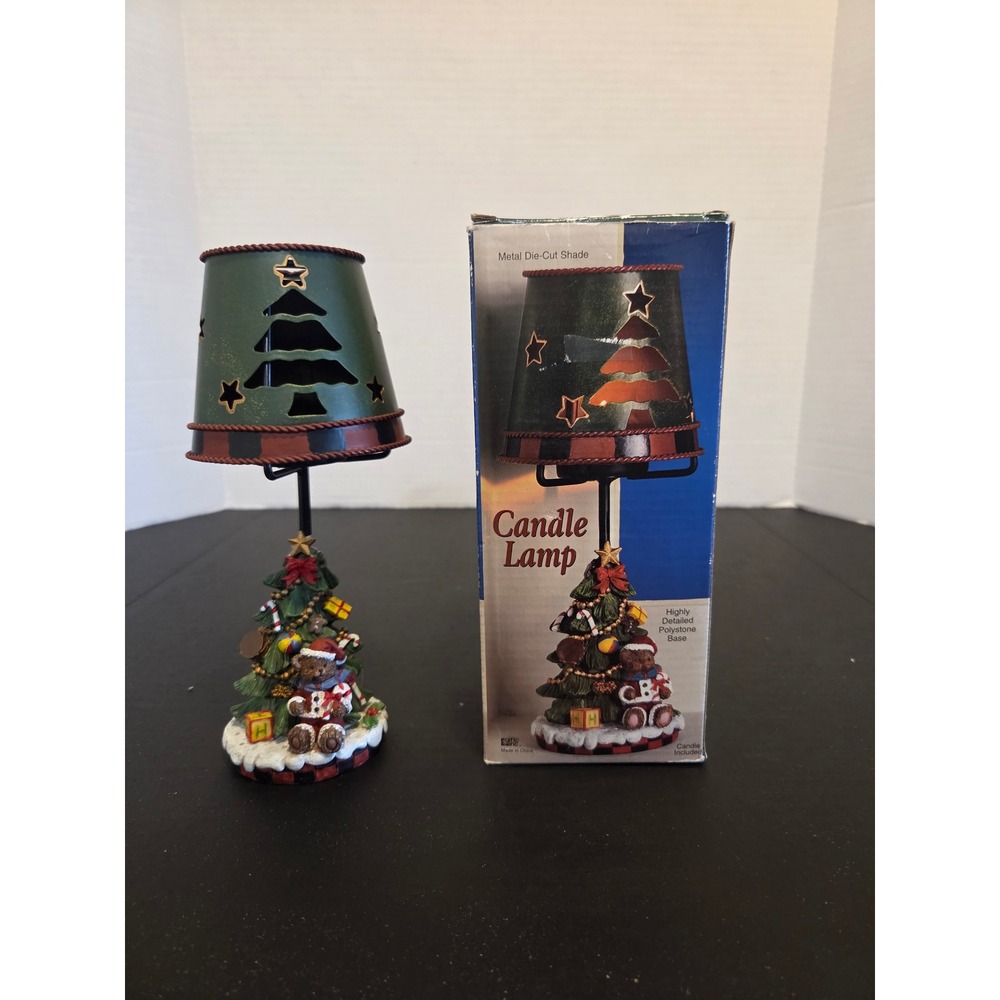 Giftco Christmas Tree Teddy Bear Candle Lamp Metal Die-Cut Shade Vintage Holiday
